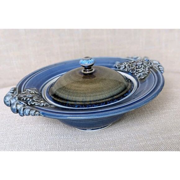 Studio Art Pottery Lidded Dish Bowl Stoneware Blue Glaze Floral Handles Signed - Picture 3 of 9
